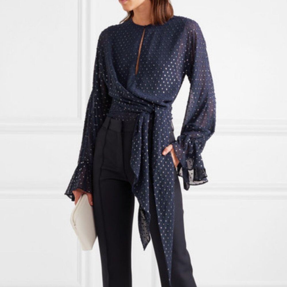 Jonathan Simkhai Metallic Wrap Blouse in Midnight Blue Size XS